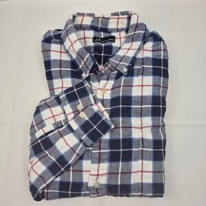 John Ashford Flannel Shirt Men's XXL Navy‎ White Red Plaid Button Front Casual